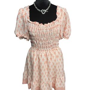 Mine smocked puff sleeve mini dress pink cream boho cottagecore size L